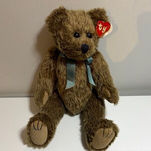 Ty Brown Plush Bear with Teal Ribbon